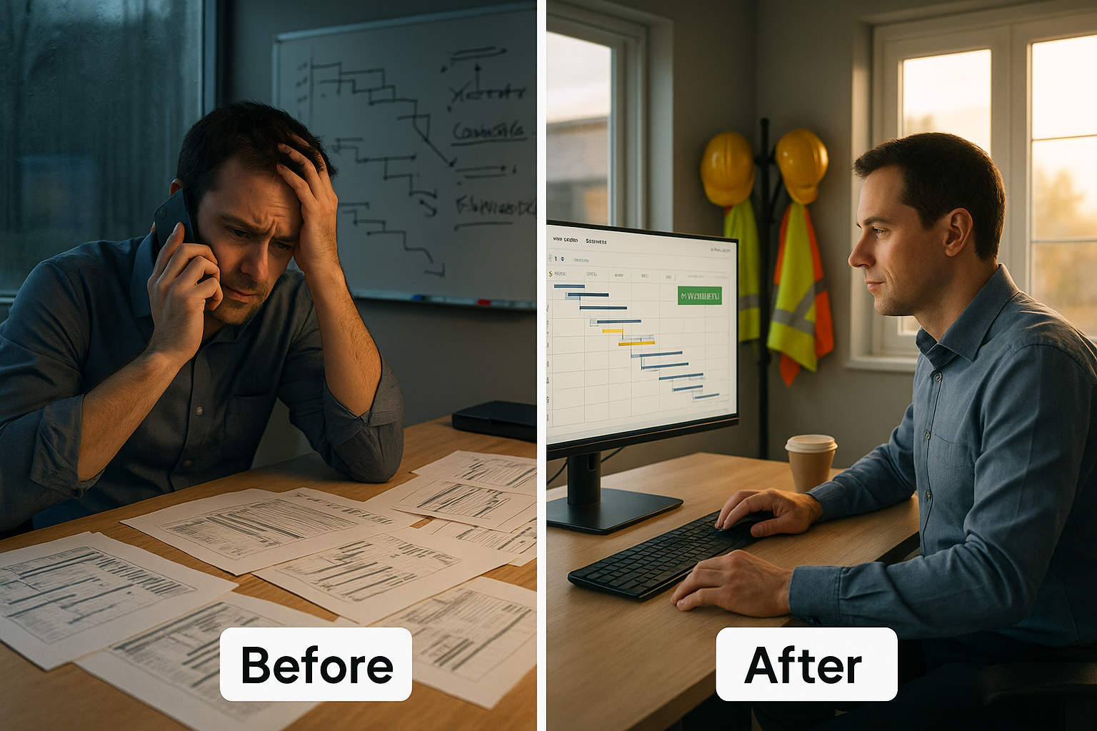 Split-screen image of a construction scheduler before and after AI scheduling deployment