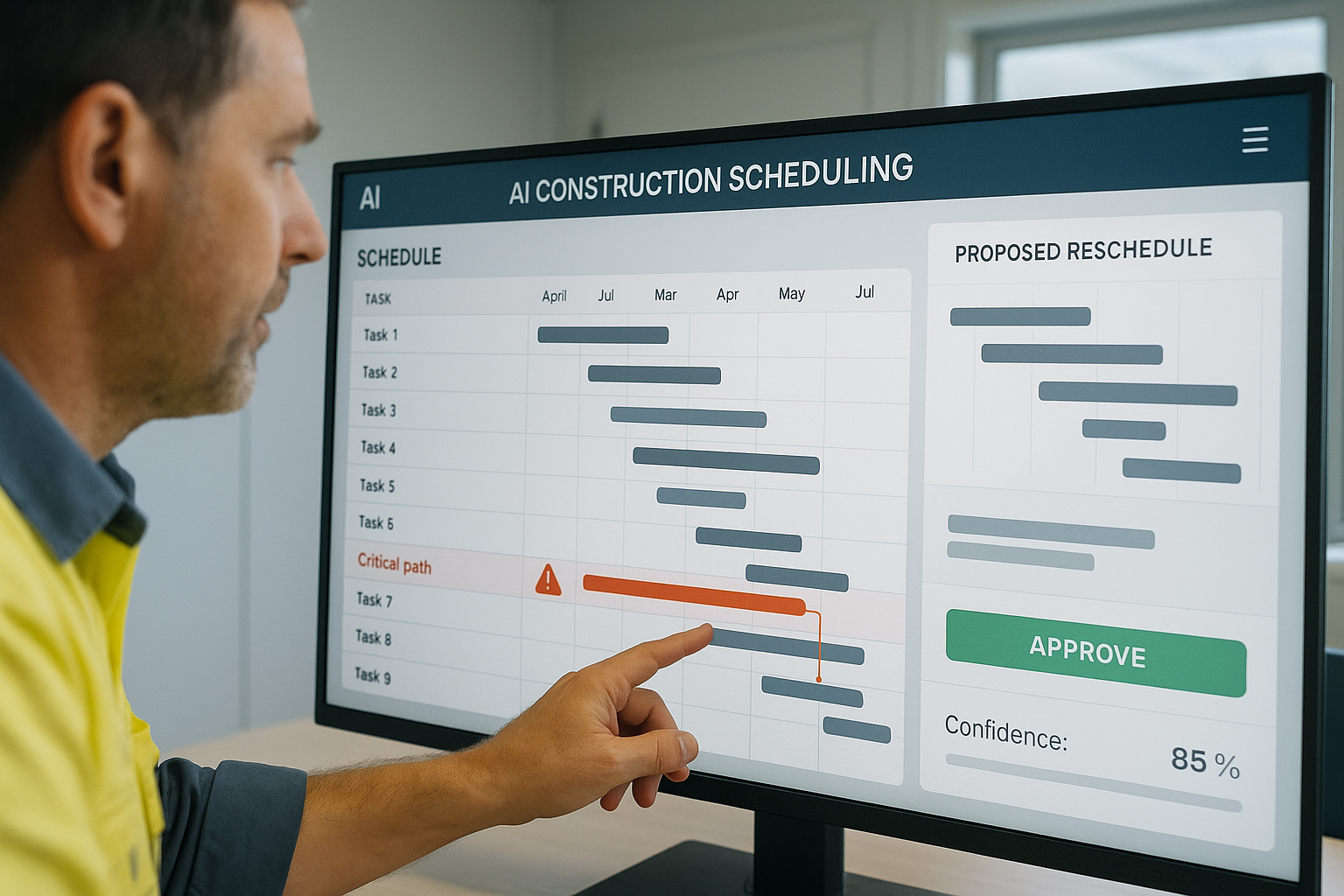 AI scheduling dashboard showing a flagged risk and a proposed reschedule
