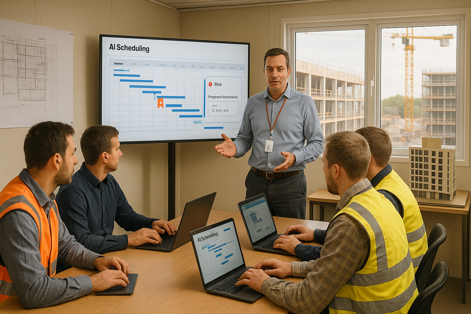 Scheduling lead presenting AI scheduling workflow training to a construction planning team