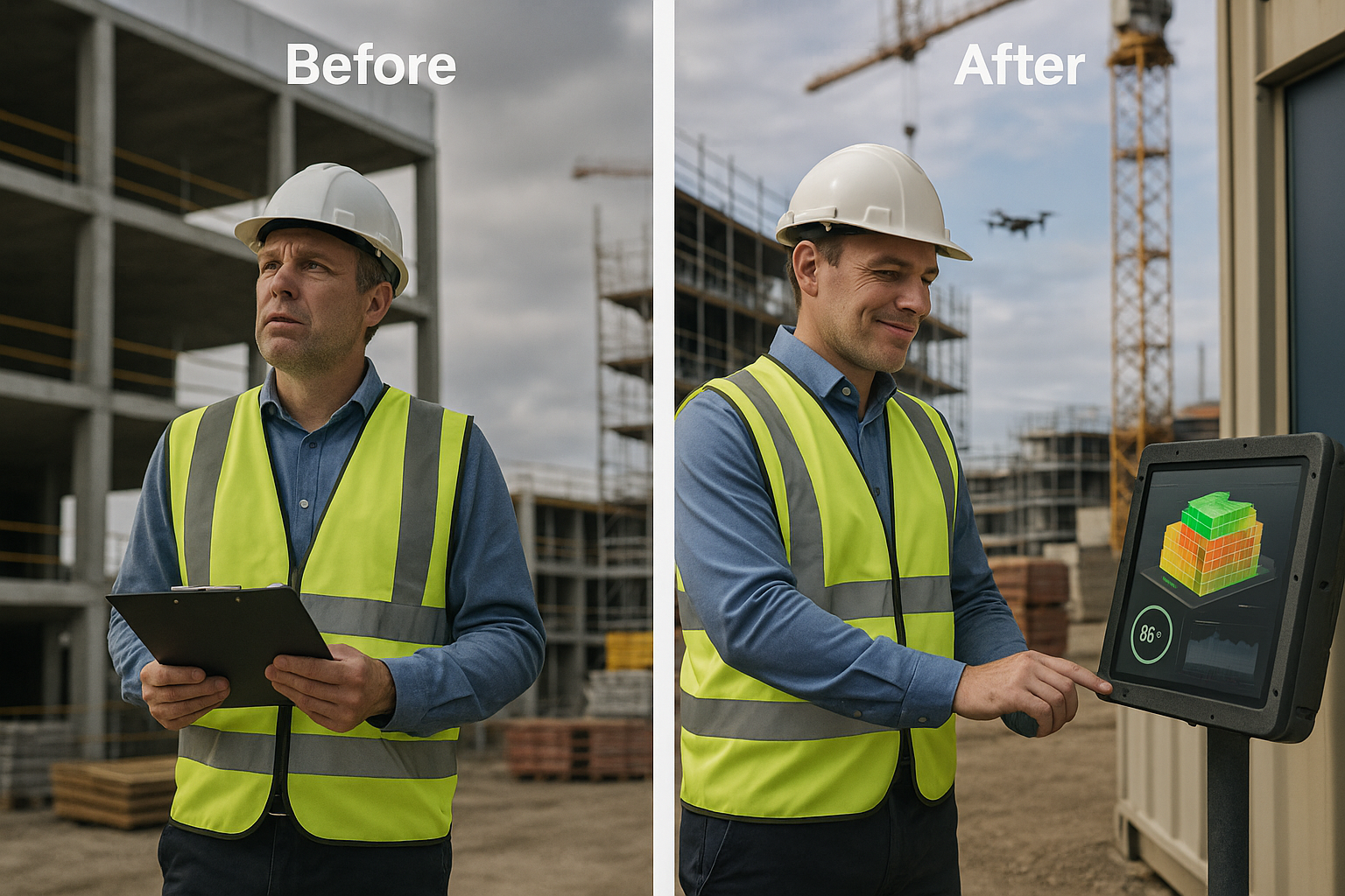 Split-screen image of a construction site manager before and after AI site monitoring deployment