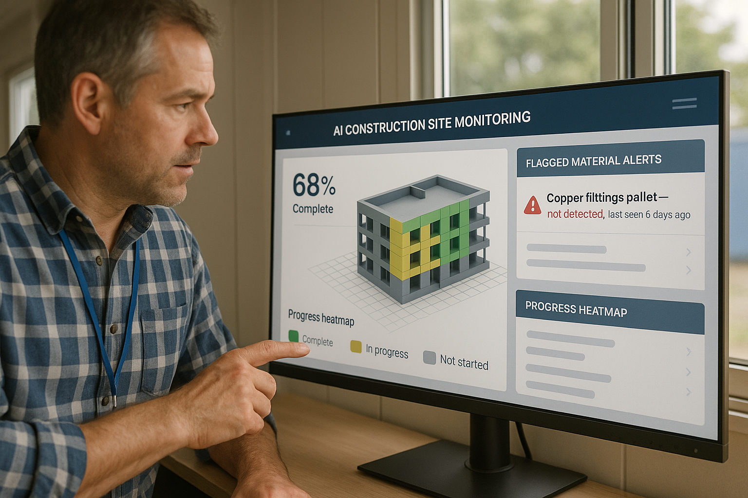 AI site monitoring dashboard showing percent-complete progress and a flagged material alert