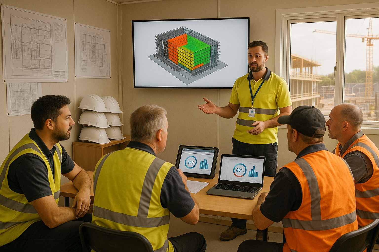Site monitoring lead presenting AI progress dashboard training to a construction site team