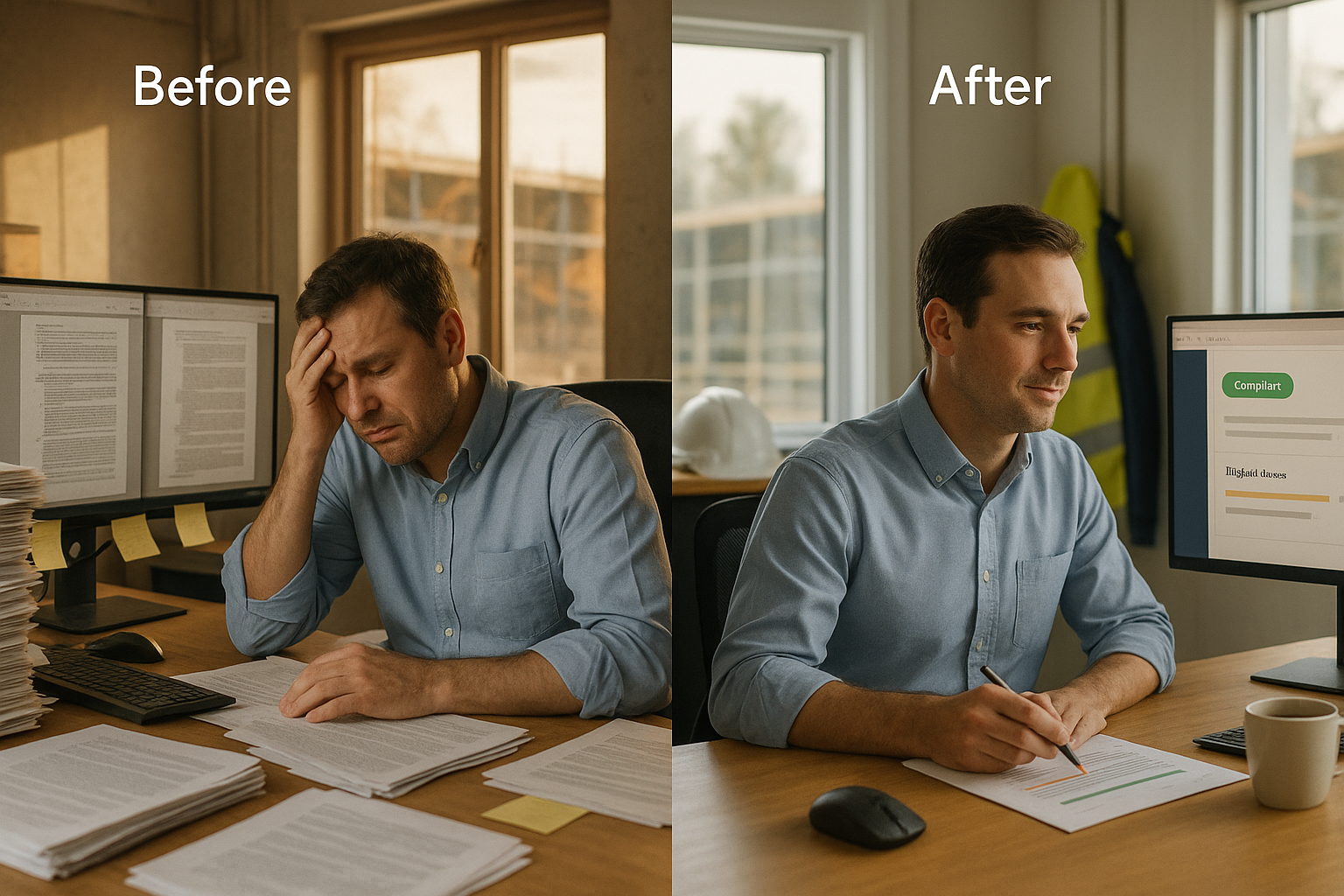 Split-screen image of a construction contracts administrator before and after AI compliance automation deployment
