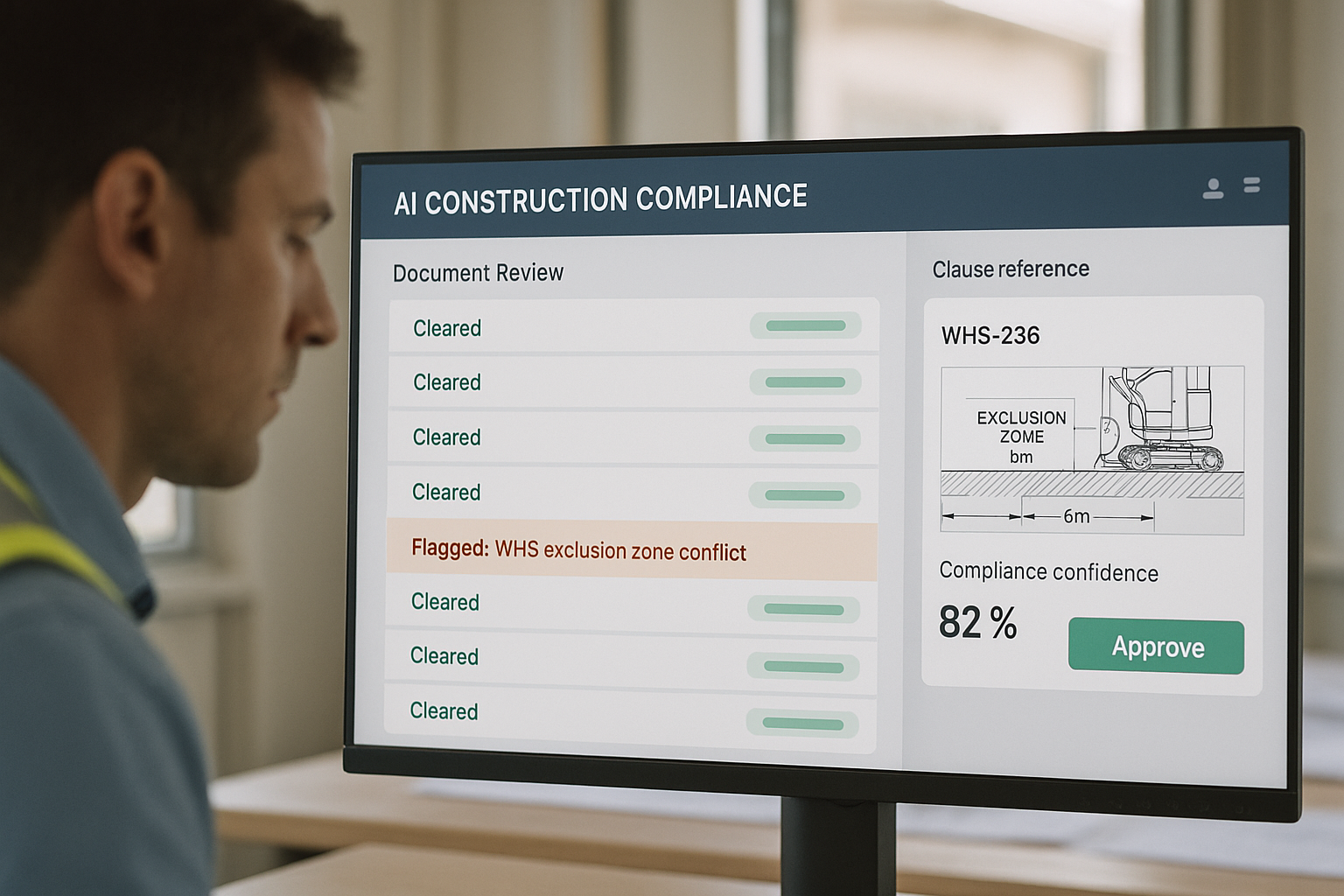 AI compliance dashboard showing a cleared document queue and a flagged WHS conflict