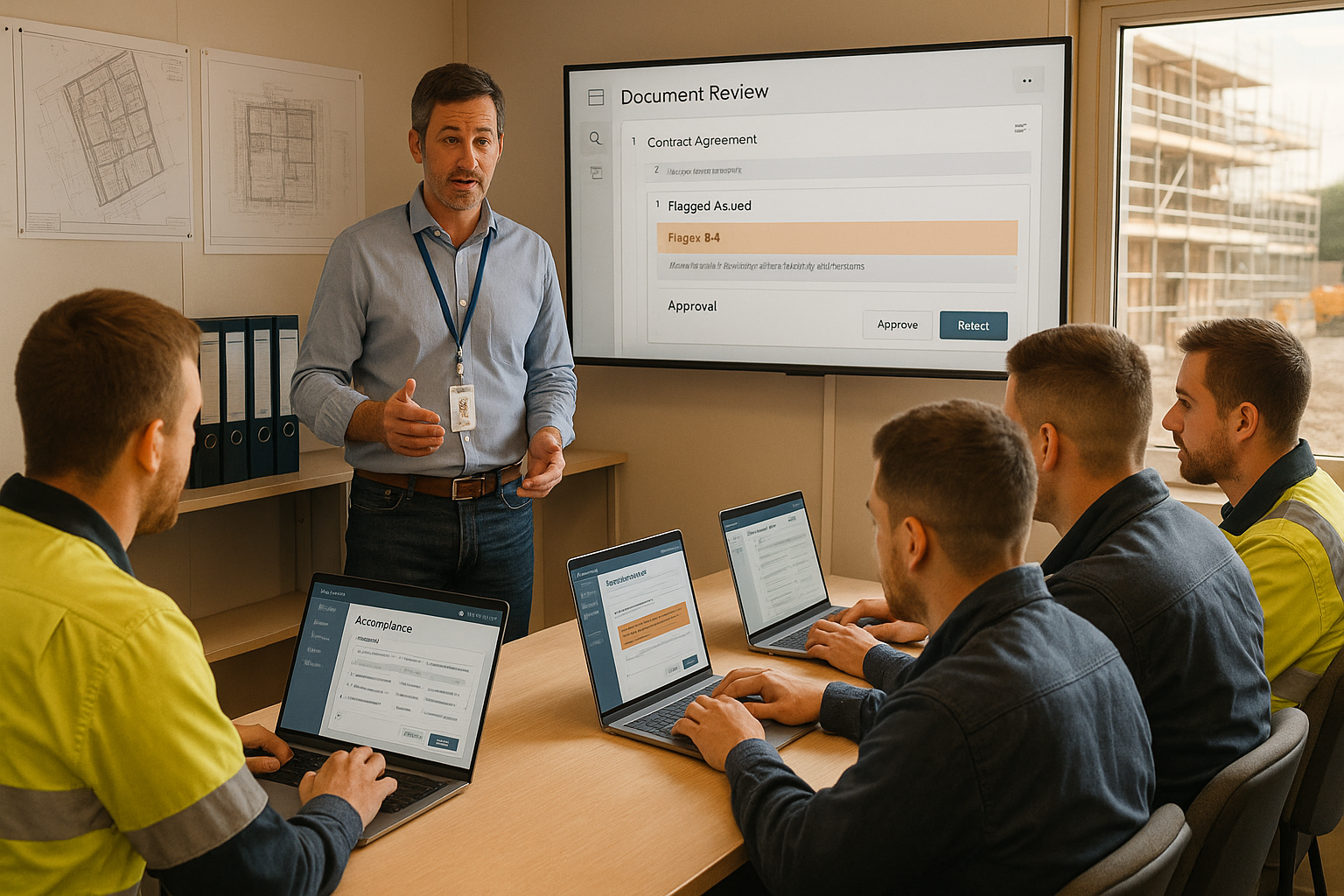 Compliance lead presenting AI compliance automation workflow training to a construction contracts team