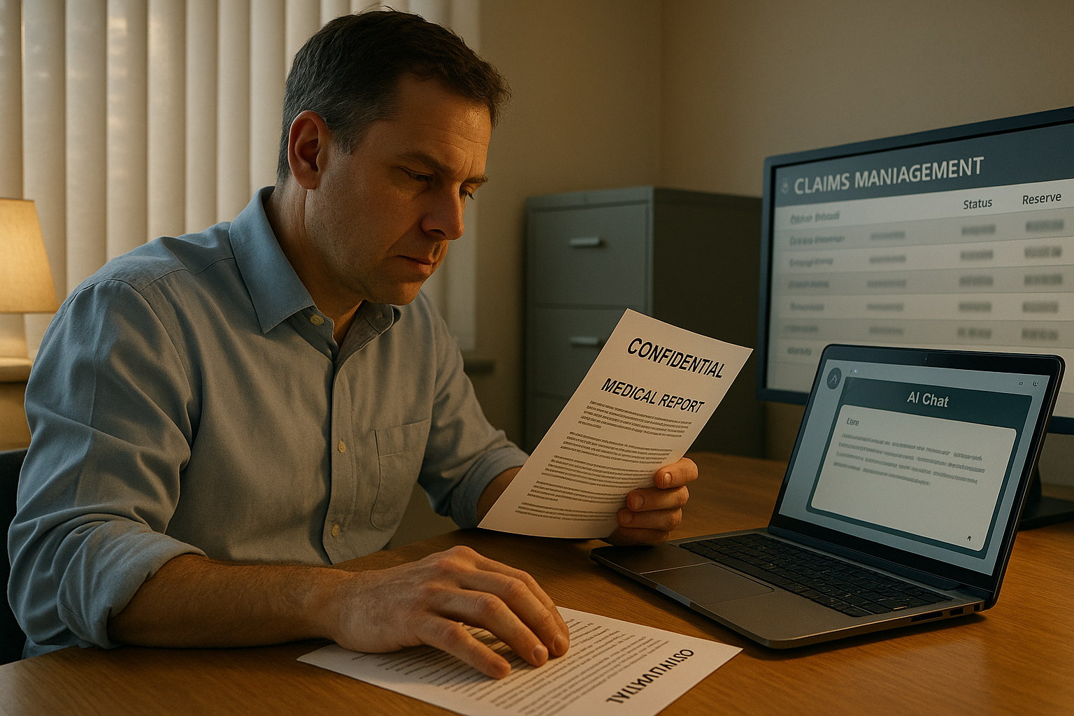 Male claims manager reviewing a confidential medical report alongside a public AI tool, unaware of the data exposure risk