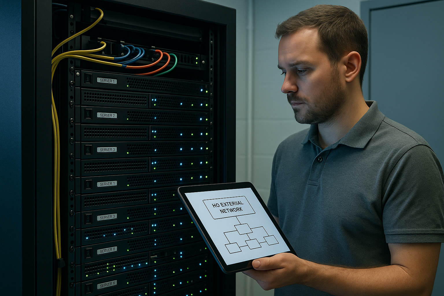 Male IT manager beside an isolated server rack labelled no external network inside a small firm equipment room