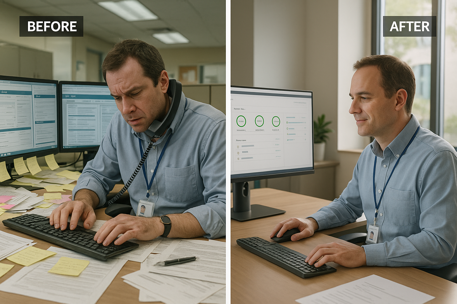 Hospital admin coordinator before and after AI automation: stressed manual processing versus relaxed dashboard review