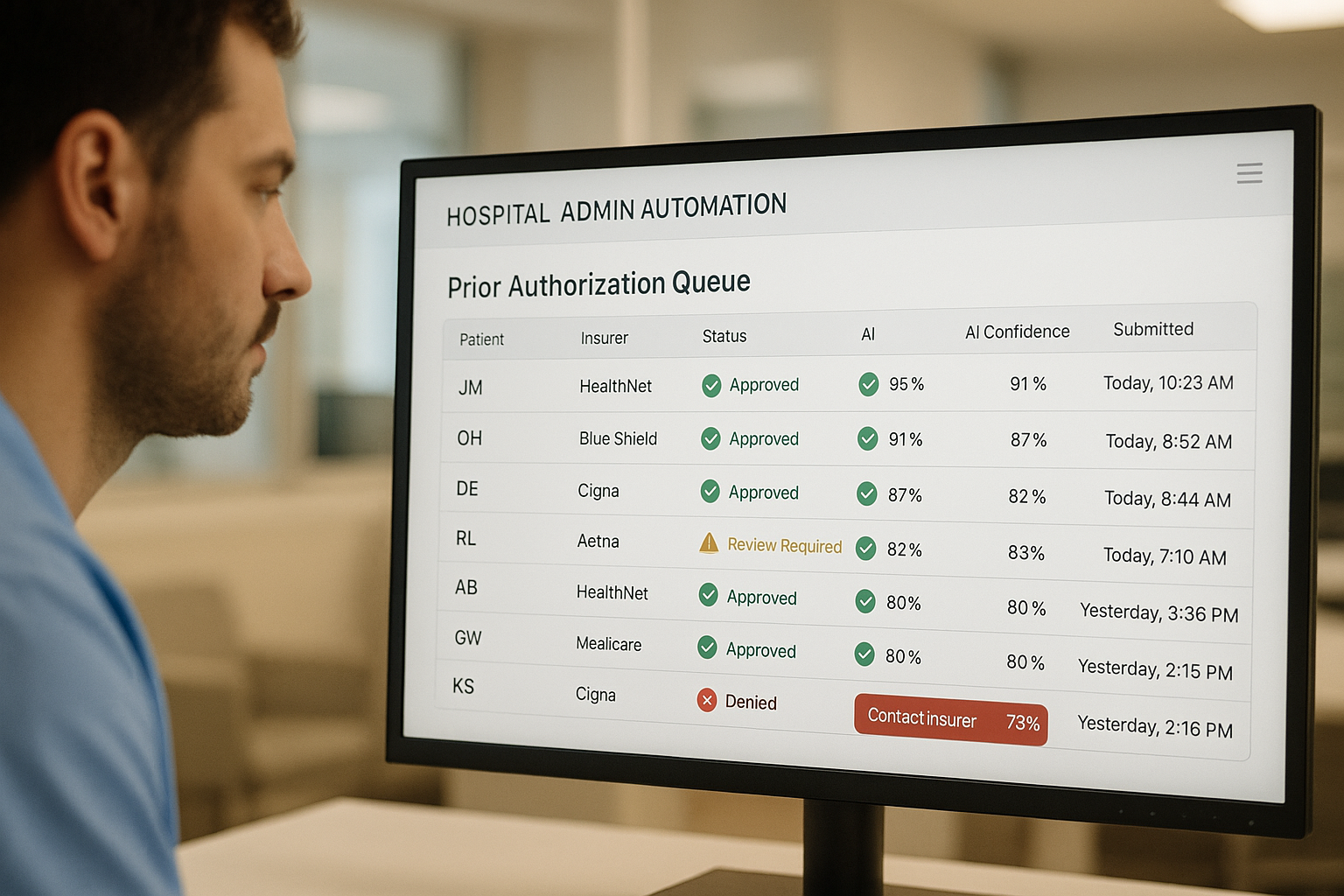 AI-powered prior authorisation dashboard showing approved cases, review flags, and denial alerts with suggested next steps