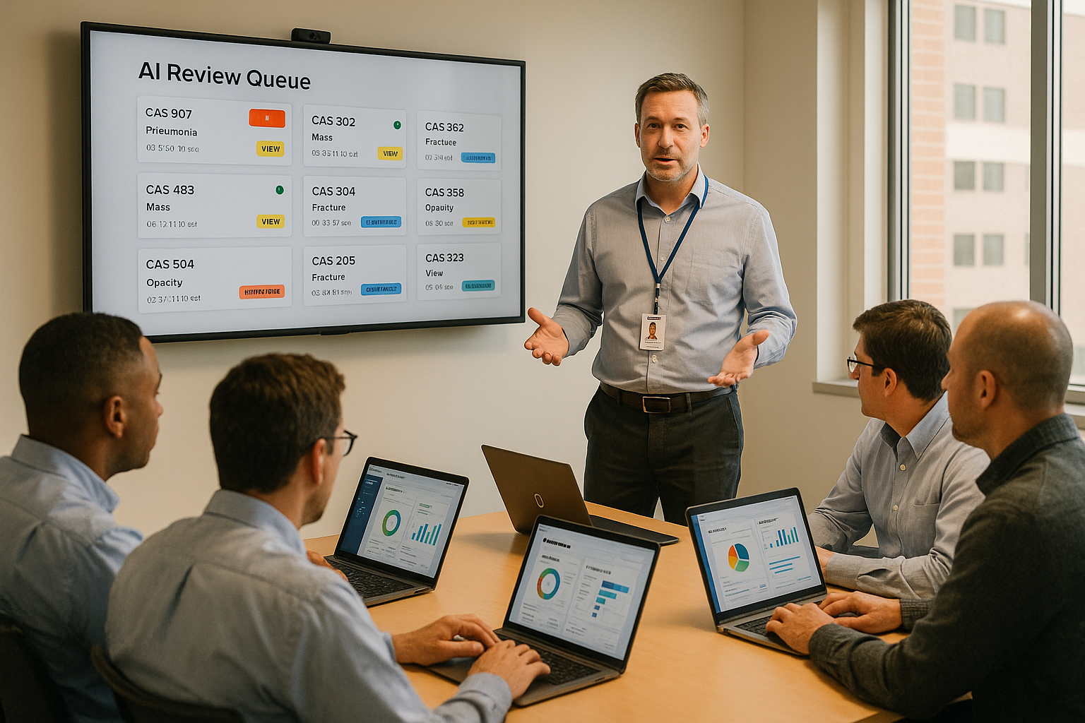 Clinical champion leading a training session on the AI admin automation review workflow for hospital coordinators