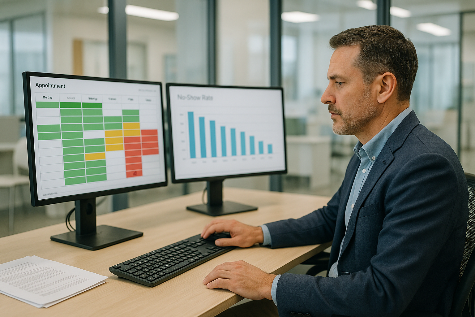 Healthcare operations manager reviewing AI scheduling dashboard with colour-coded appointment calendar