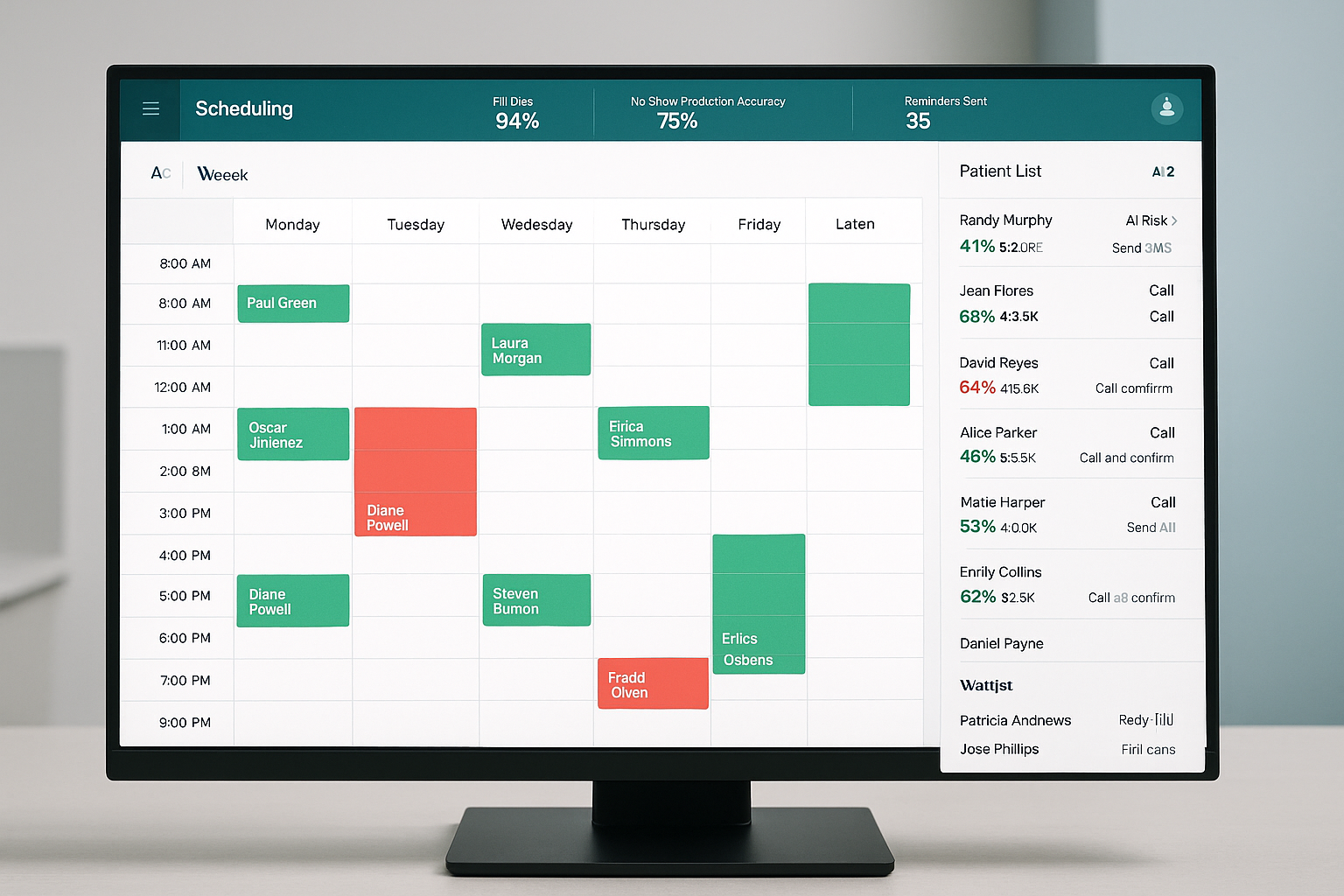 AI scheduling dashboard showing colour-coded appointment risk indicators and real-time fill rate metrics