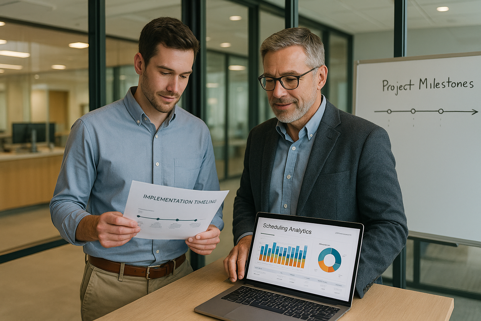 Two male healthcare operations managers reviewing AI scheduling implementation timeline in a conference room