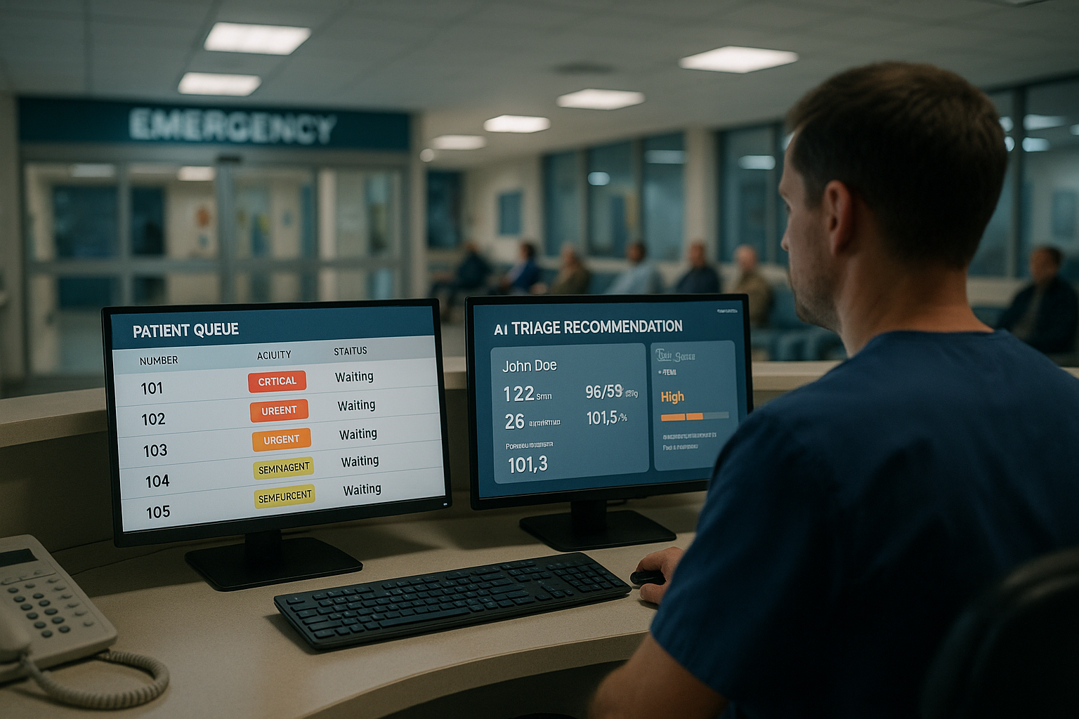 Emergency department triage workstation with AI-assisted acuity recommendation panel and patient queue display