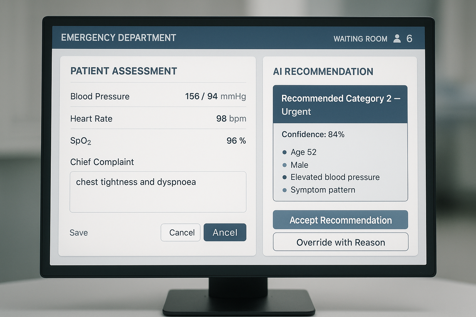 AI triage clinical decision support interface showing acuity recommendation, confidence score, and risk factors for a patient presentation