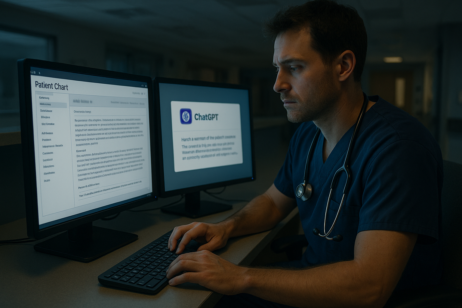 Male doctor reviewing a patient's electronic chart alongside a public AI tool, unaware of the data exposure risk