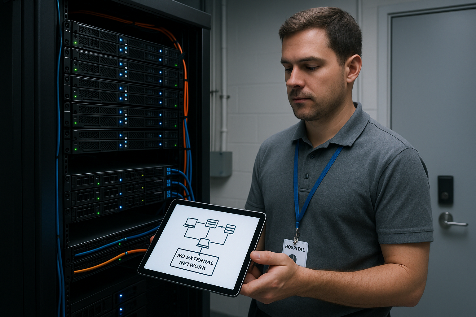 Male clinical systems engineer beside an isolated server rack labelled no external network inside a hospital data room