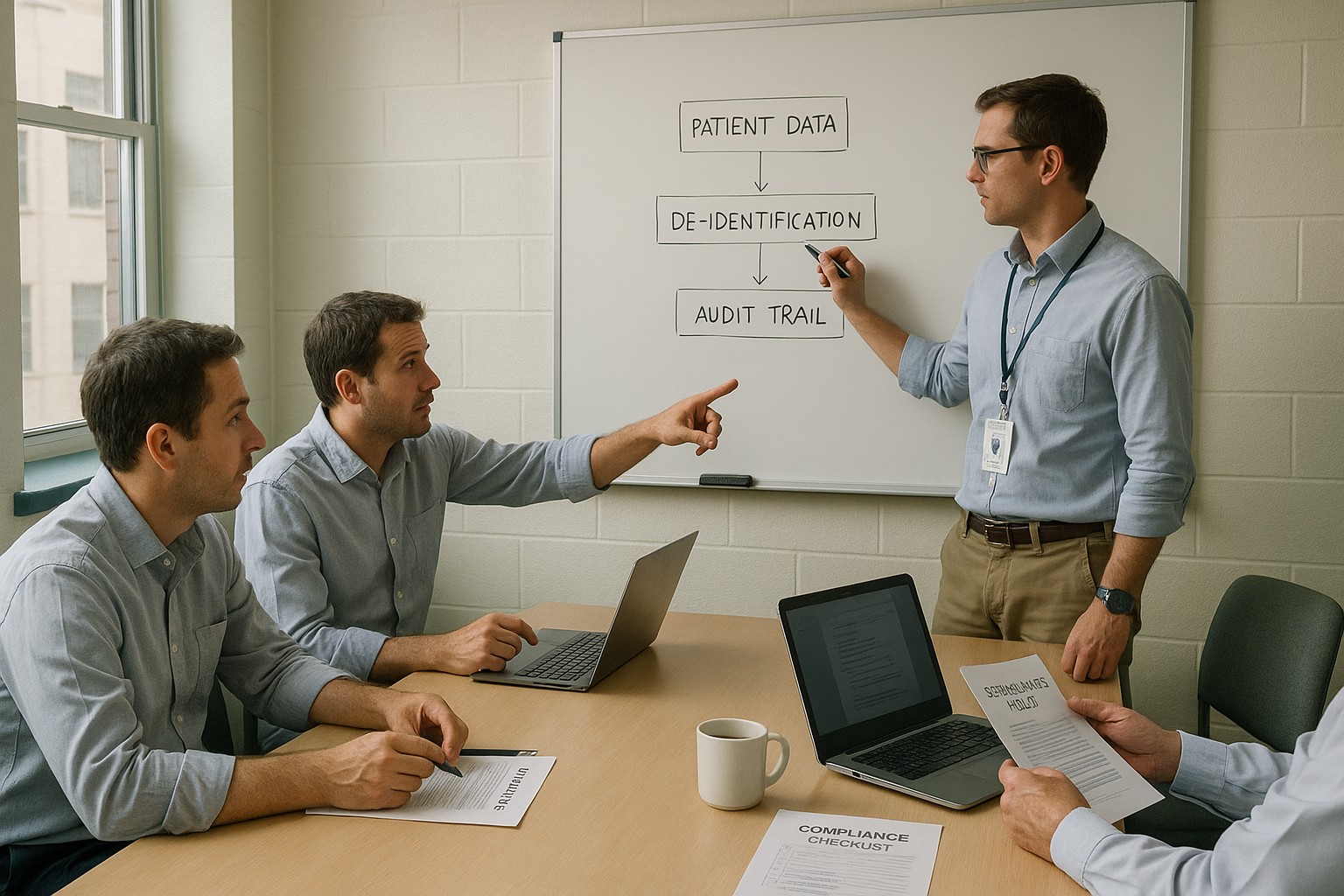 Three male professionals planning a patient data classification and de-identification framework on a whiteboard