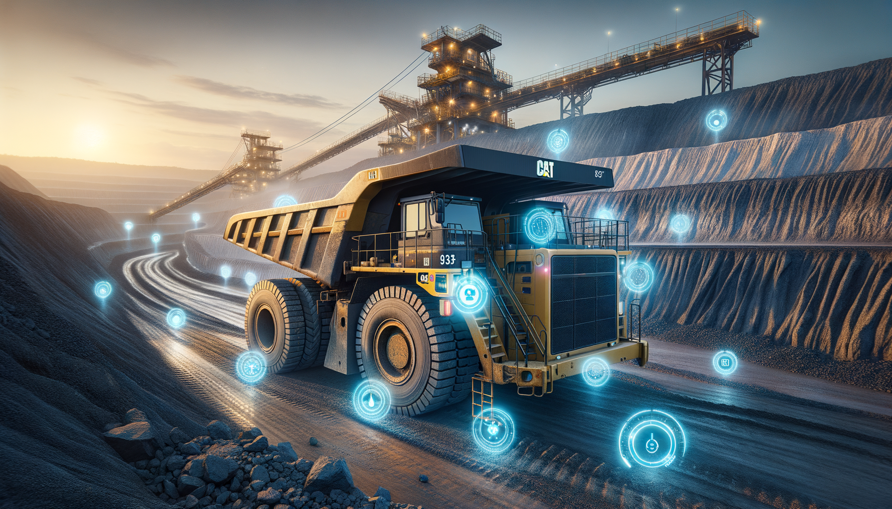 CAT 793 haul truck with IoT sensor overlay showing accelerometer, temperature and vibration monitoring points at a Hunter Valley coal mine