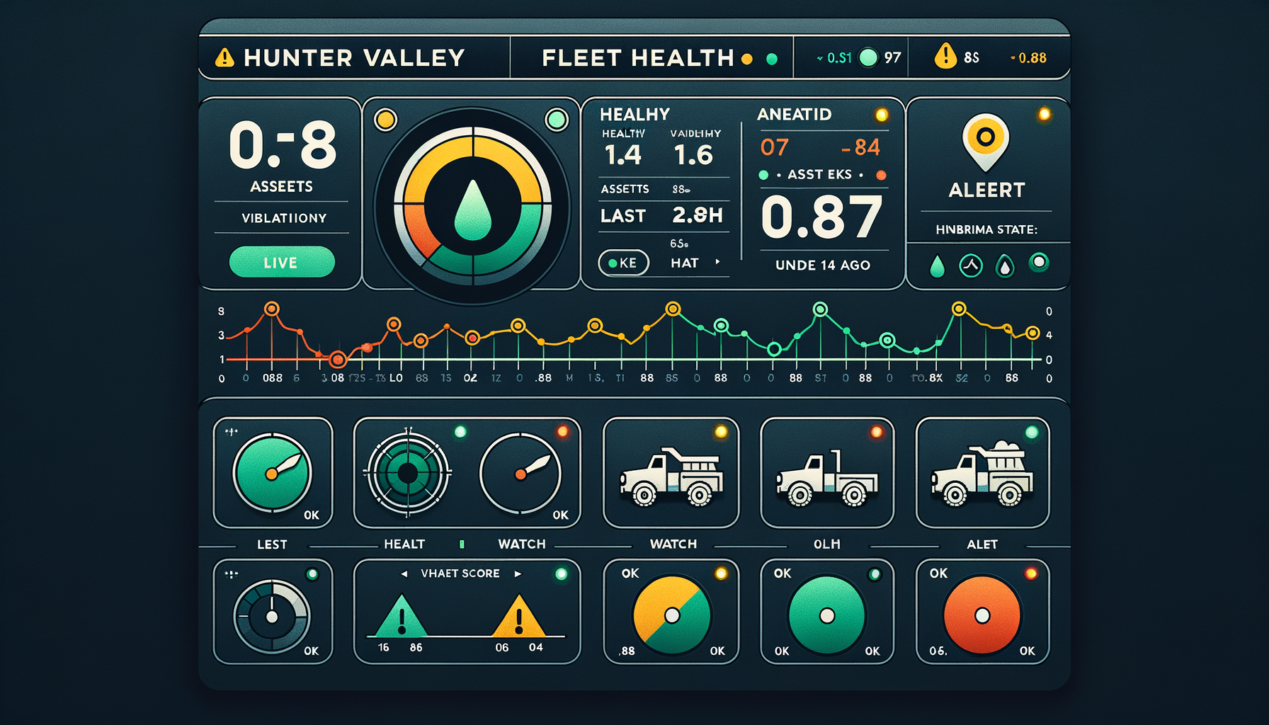 Hunter Valley fleet health dashboard showing live equipment anomaly scores, alert states and vibration trend chart