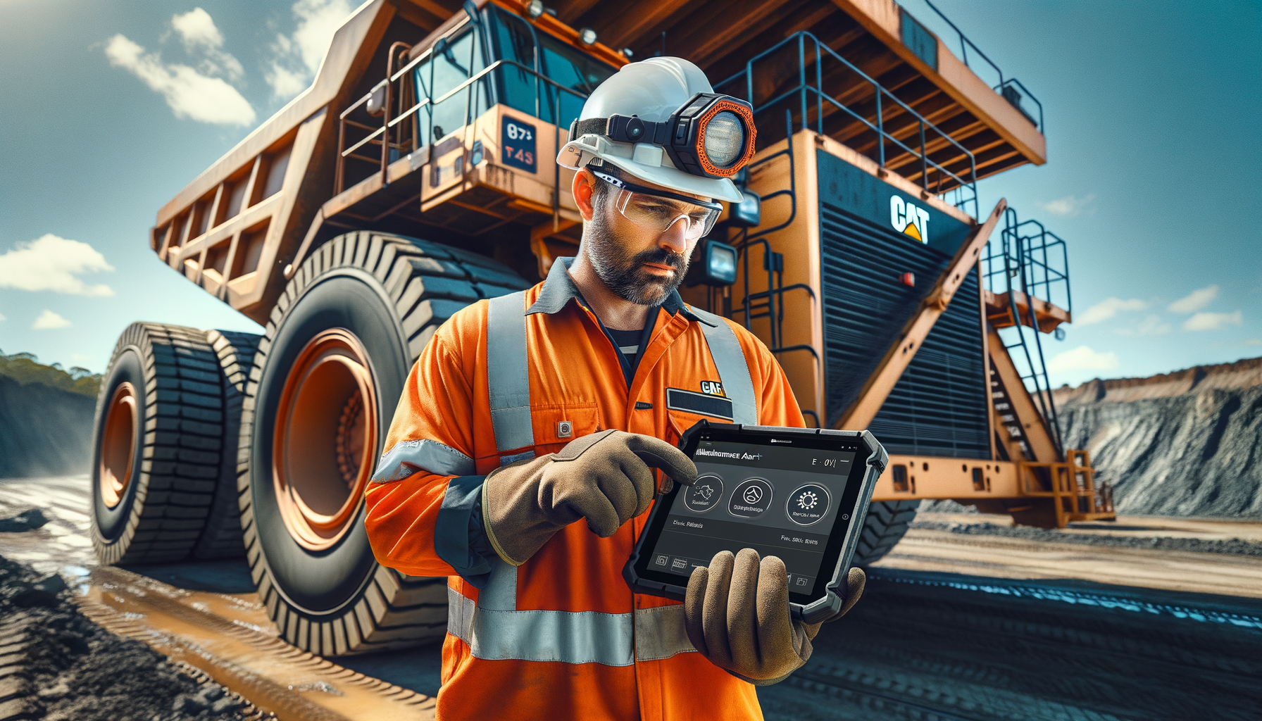 Mine site maintenance technician reviewing a high-priority AI alert on a ruggedised tablet in front of a haul truck