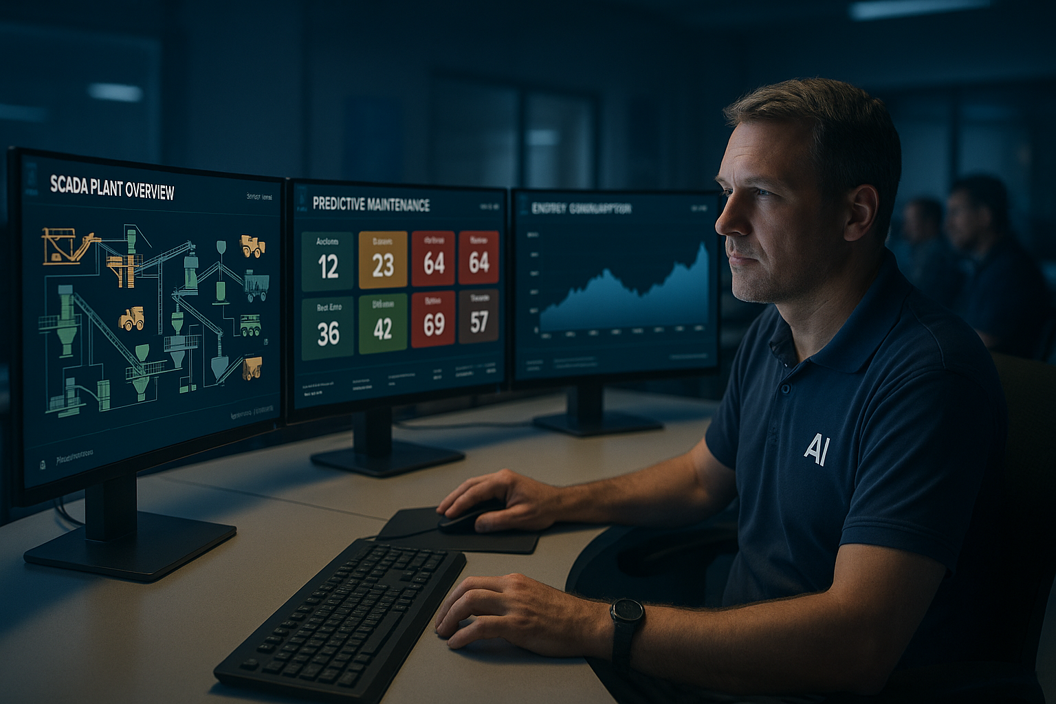 Male operations supervisor reviewing secure AI dashboard in industrial control room