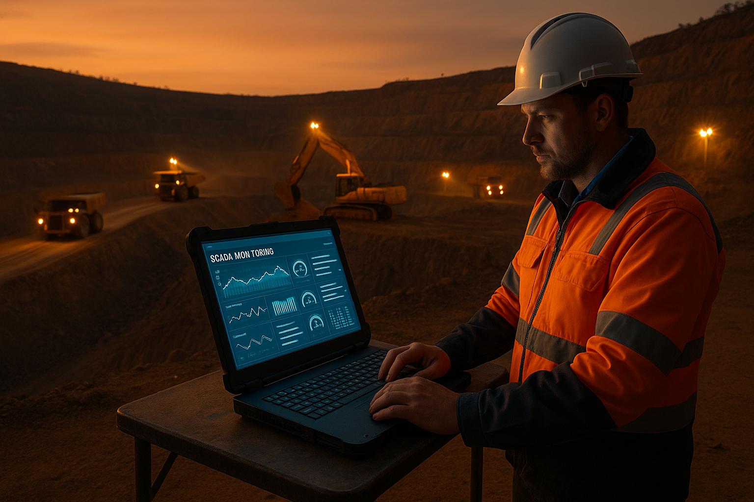Male site manager reviewing SCADA dashboard at open-cut mining operation at dusk
