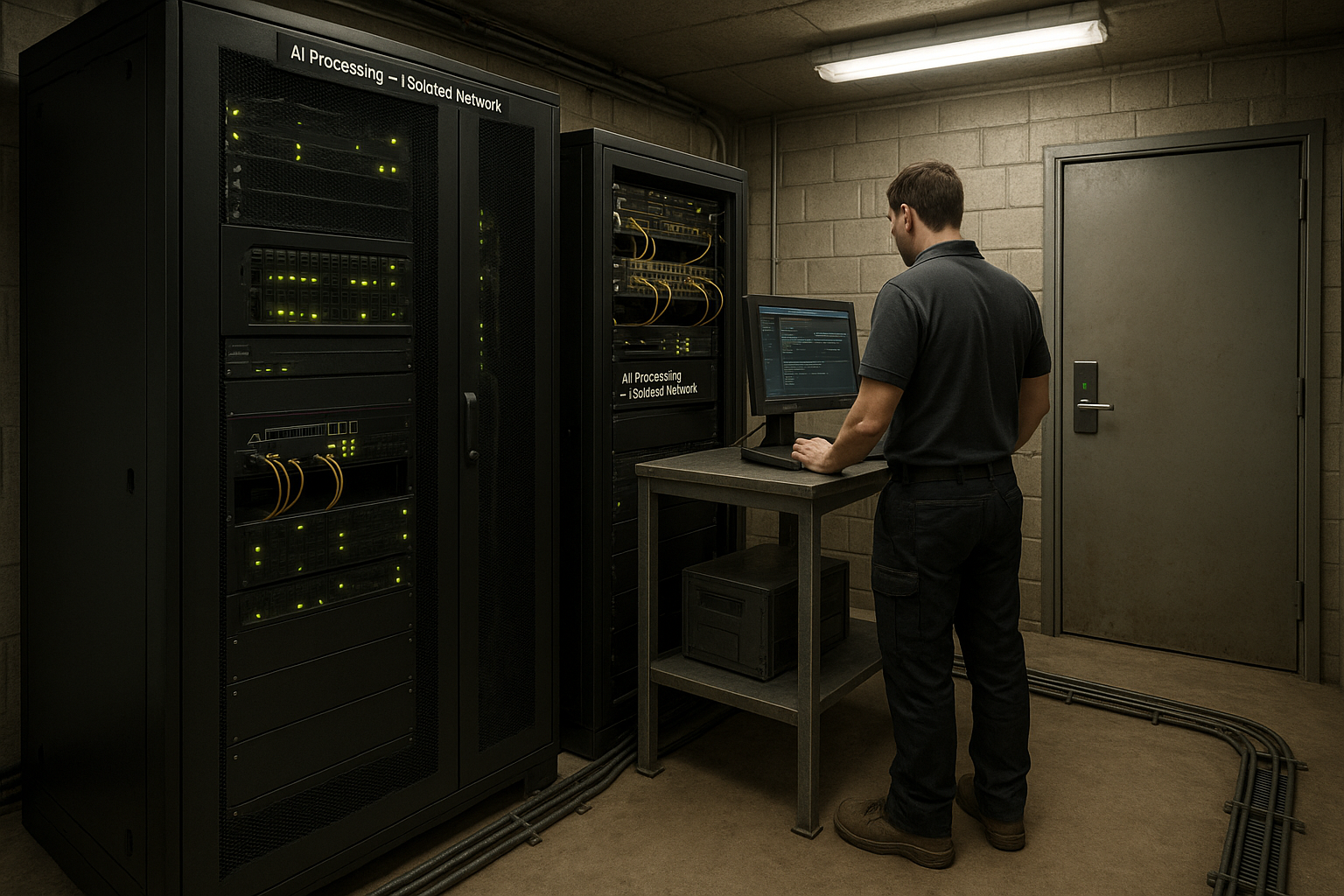 Male IT technician managing on-premises isolated AI server infrastructure at a mining facility