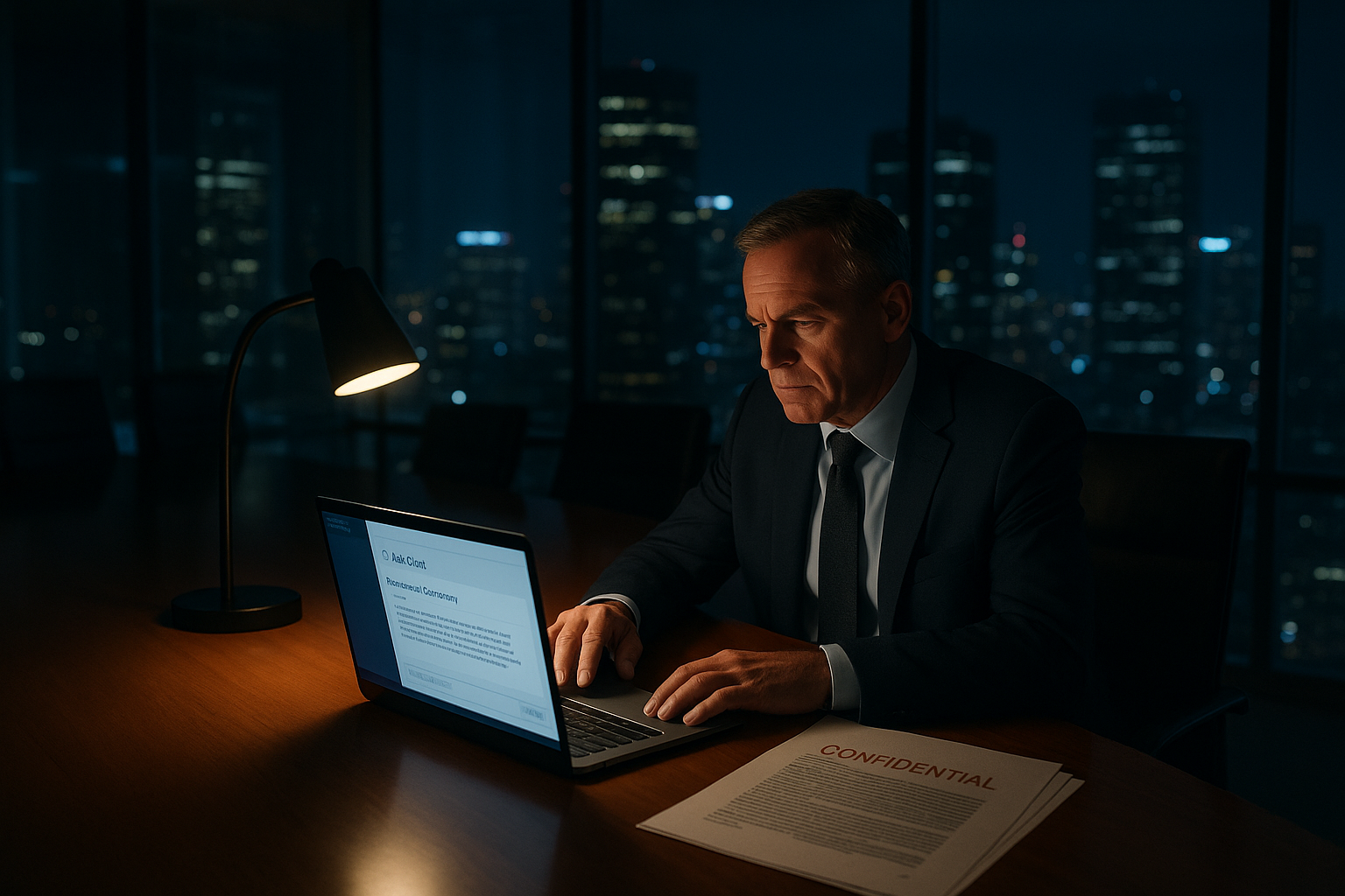Male operations director reviewing a confidential document through a public AI tool at night, unaware of the data exposure risk