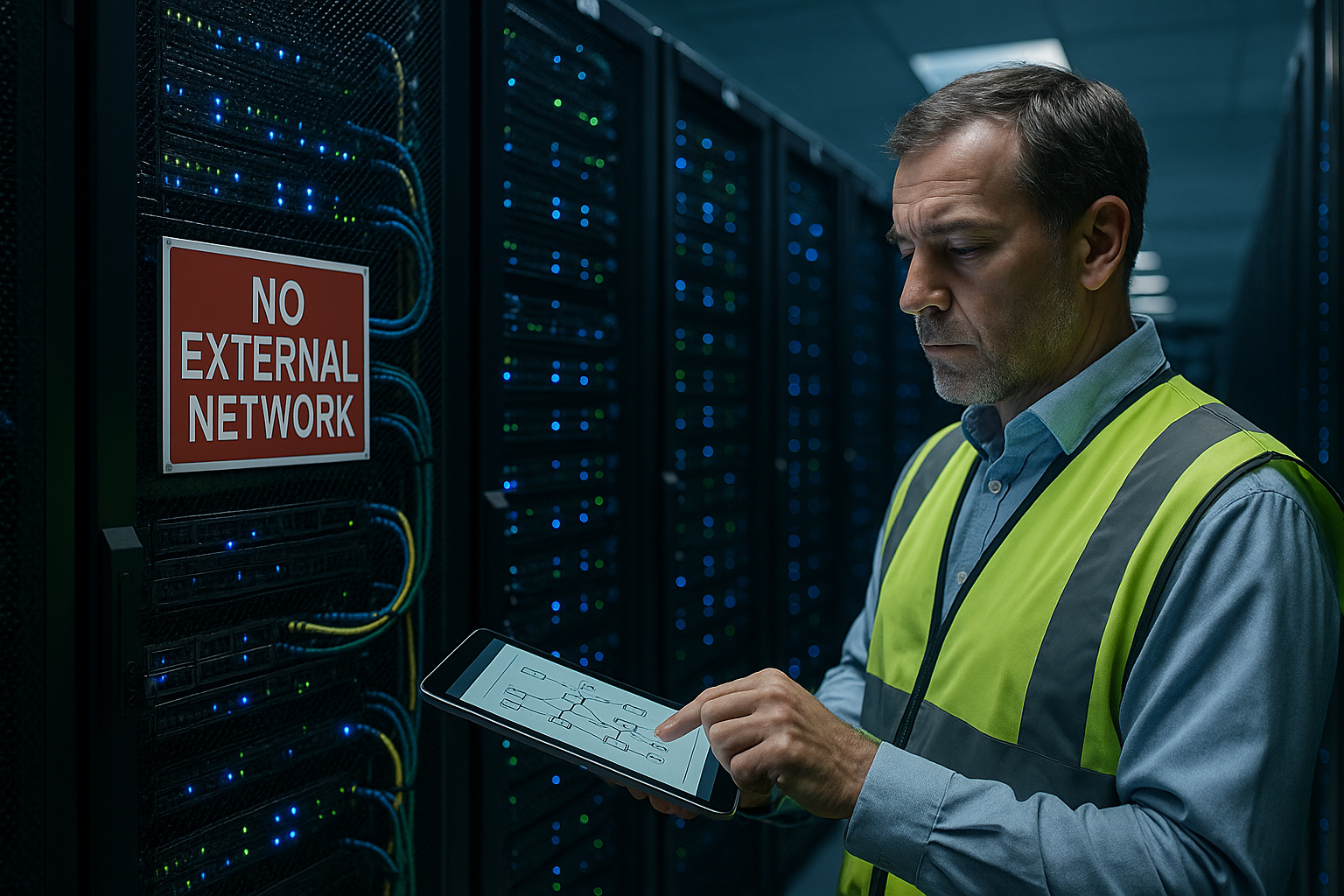 Male IT engineer in an air-gapped server room with a visible no-external-network placard on the rack