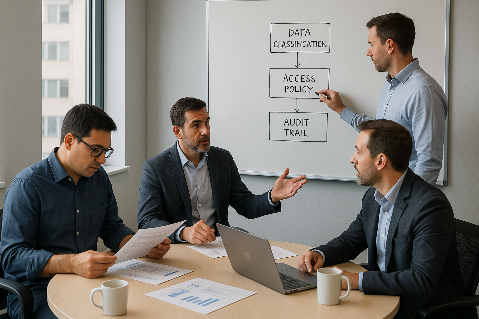 Three male professionals planning an AI data governance framework on a whiteboard